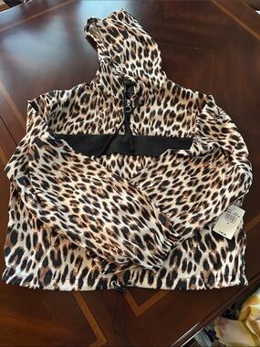 ZELOS Leopard Print Hooded Pullover Jacket in Black and Brown